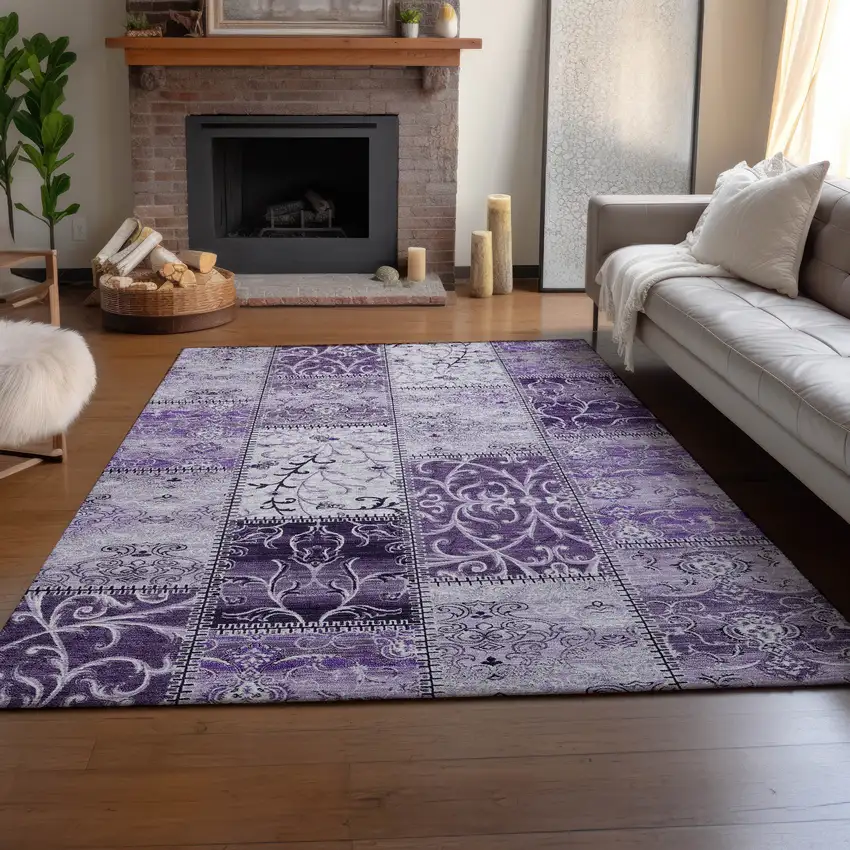 Purple And Ivory Patchwork Washable Area Rug With UV Protection Photo 5