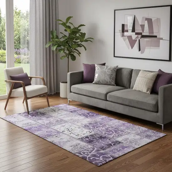 Purple And Ivory Patchwork Washable Area Rug With UV Protection Photo 1