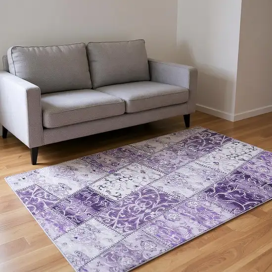 Purple And Ivory Patchwork Washable Area Rug With UV Protection Photo 2