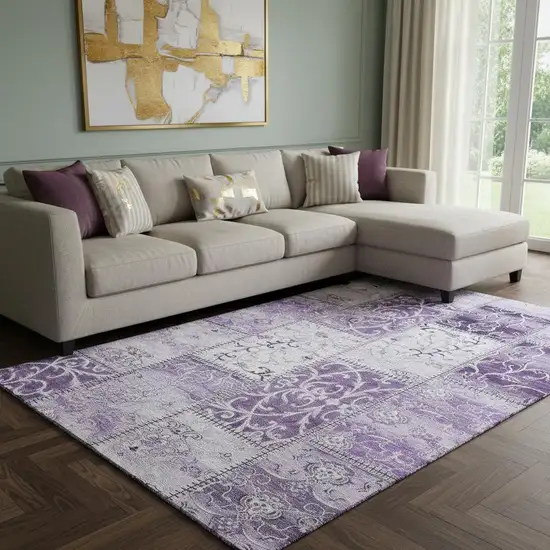 Purple And Ivory Patchwork Washable Area Rug With UV Protection Photo 1
