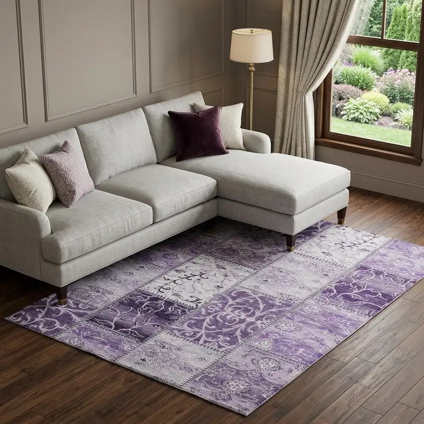 Purple And Ivory Patchwork Distressed Washable Area Rug With UV Protection Photo 1