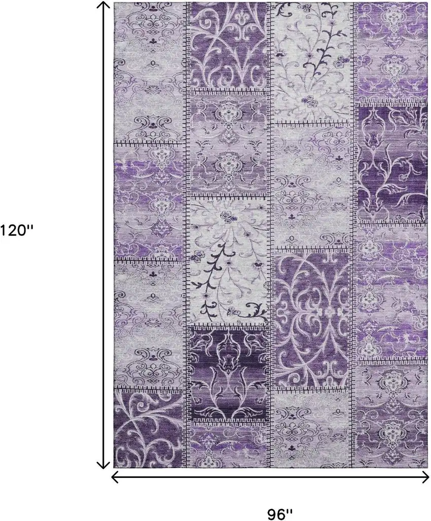 Purple And Ivory Patchwork Distressed Washable Area Rug With UV Protection Photo 5