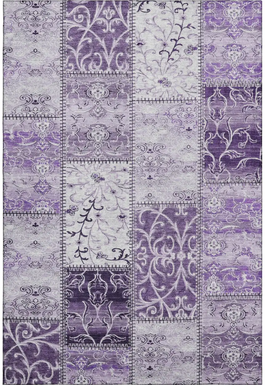 Purple And Ivory Patchwork Distressed Washable Area Rug With UV Protection Photo 2