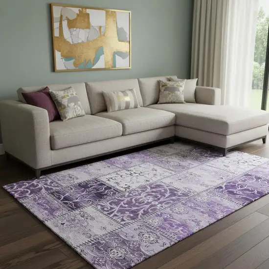 Purple And Ivory Patchwork Washable Area Rug With UV Protection Photo 1