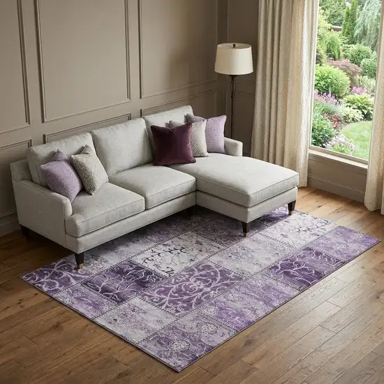 Purple And Ivory Patchwork Distressed Washable Area Rug With UV Protection Photo 1