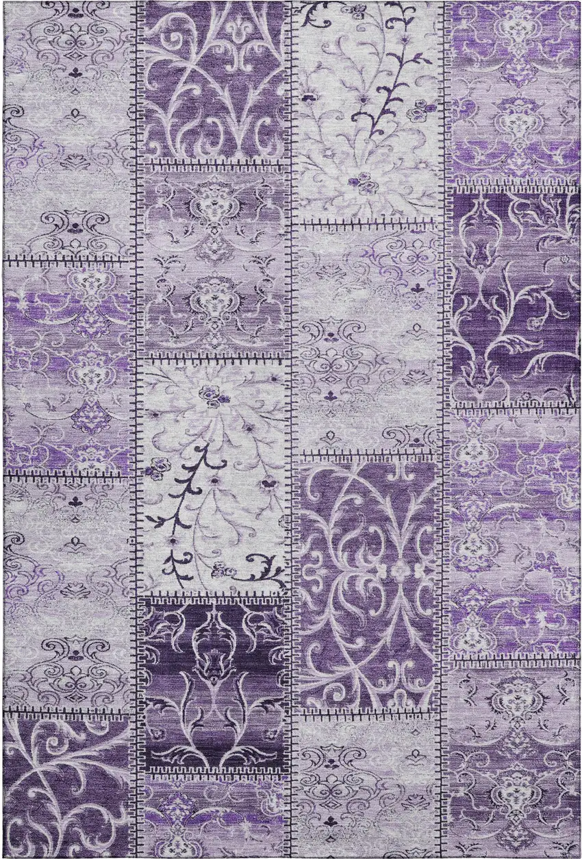 Purple And Ivory Patchwork Washable Area Rug With UV Protection Photo 1