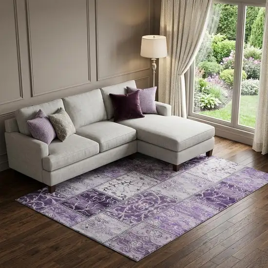 Purple And Ivory Patchwork Distressed Washable Area Rug With UV Protection Photo 1