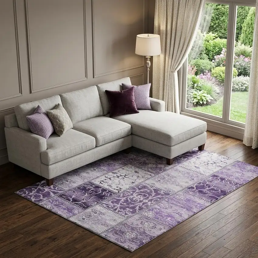 Purple And Ivory Patchwork Distressed Washable Area Rug With UV Protection Photo 1