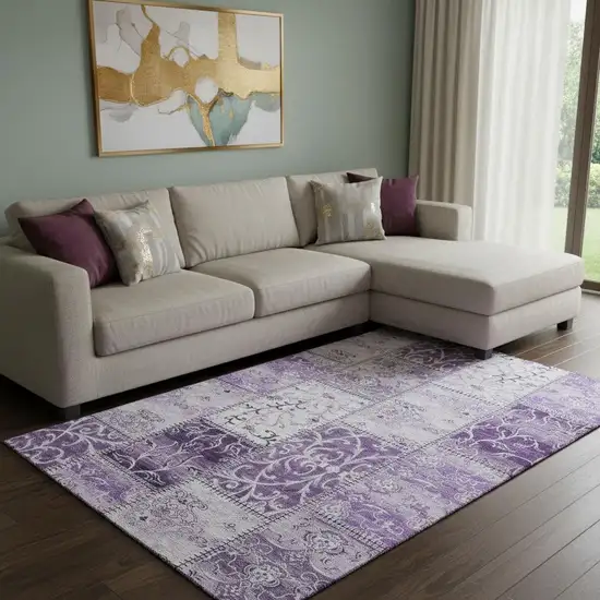 Purple And Ivory Patchwork Washable Area Rug With UV Protection Photo 1