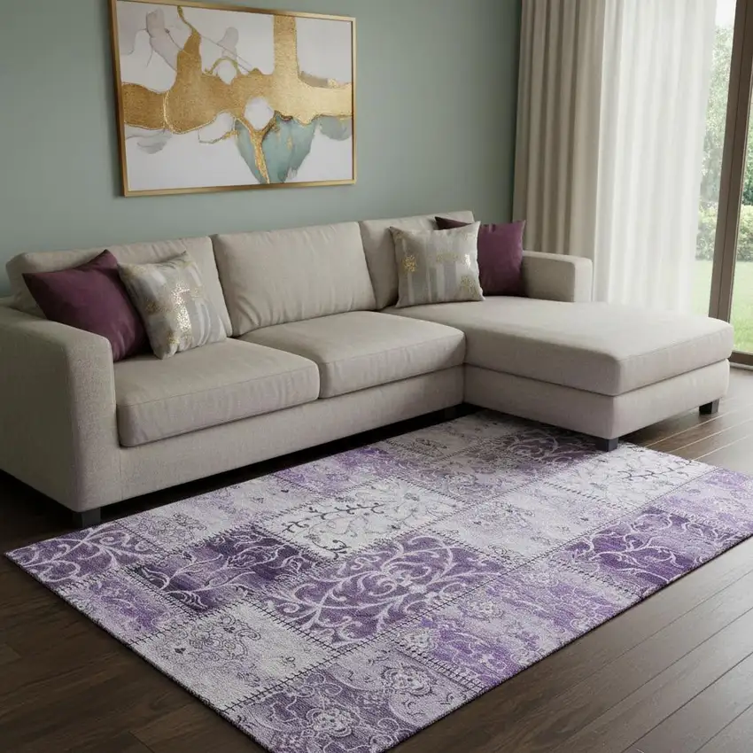 Purple And Ivory Patchwork Washable Area Rug With UV Protection Photo 1