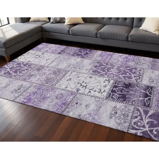 Purple And Ivory Patchwork Washable Area Rug With UV Protection Photo 2