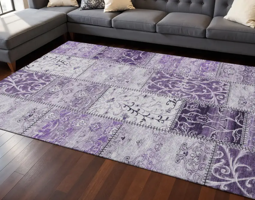 Purple And Ivory Patchwork Washable Area Rug With UV Protection Photo 2