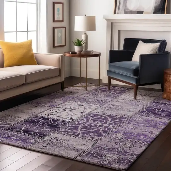 Purple And Ivory Patchwork Washable Area Rug With UV Protection Photo 5