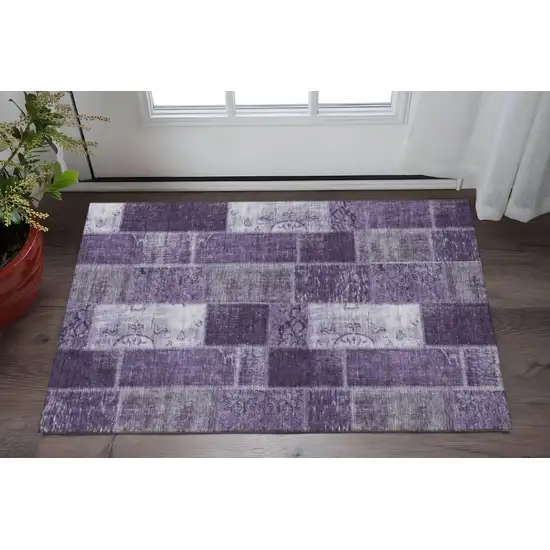 Purple And Ivory Patchwork Washable Area Rug With UV Protection Photo 2