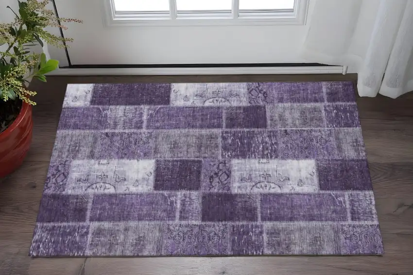 Purple And Ivory Patchwork Washable Area Rug With UV Protection Photo 2