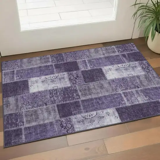 Purple And Ivory Patchwork Washable Area Rug With UV Protection Photo 1