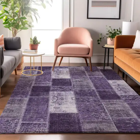 Purple And Ivory Patchwork Washable Area Rug With UV Protection Photo 5