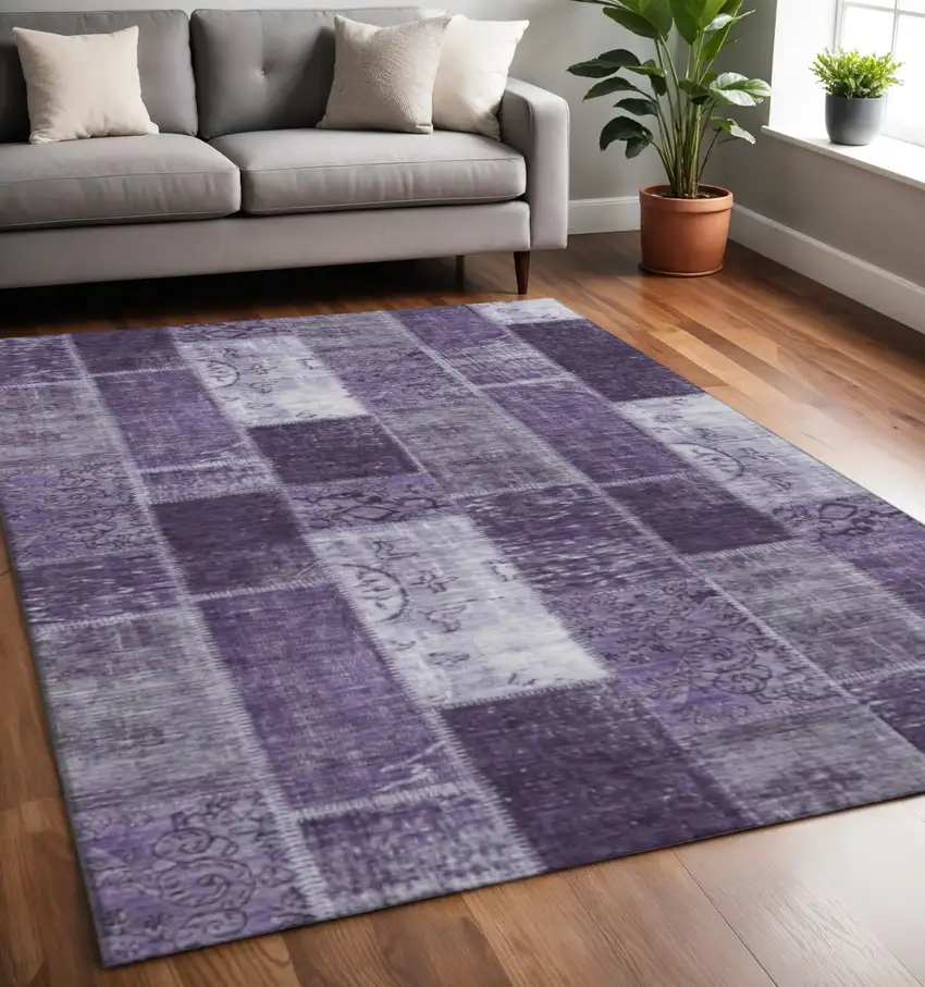 Purple And Ivory Patchwork Washable Area Rug With UV Protection Photo 2