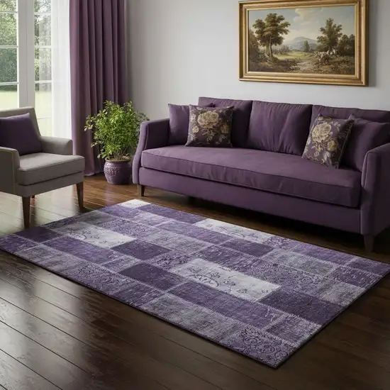 Purple And Ivory Patchwork Washable Area Rug With UV Protection Photo 1
