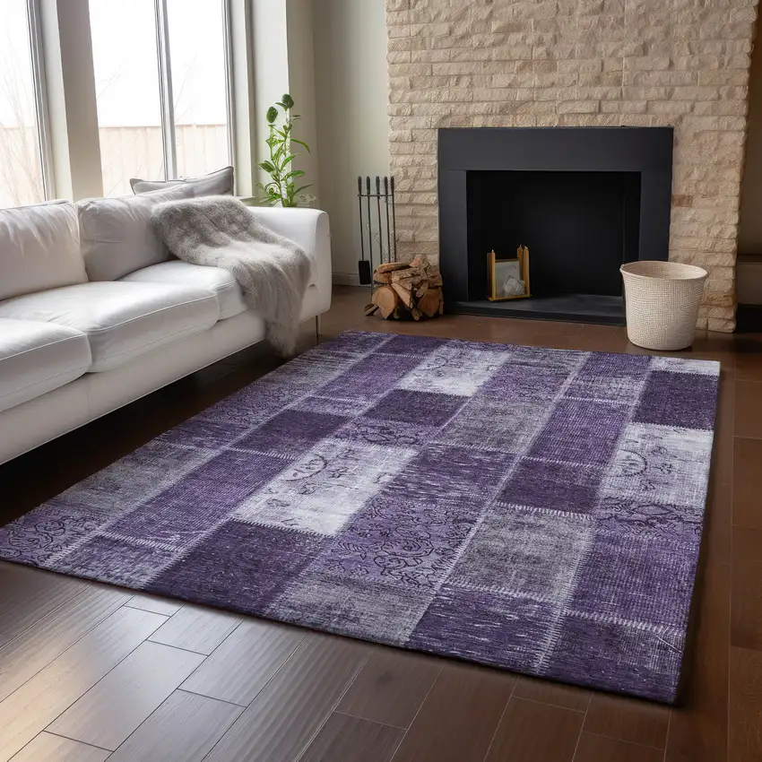 Purple And Ivory Patchwork Washable Area Rug With UV Protection Photo 6