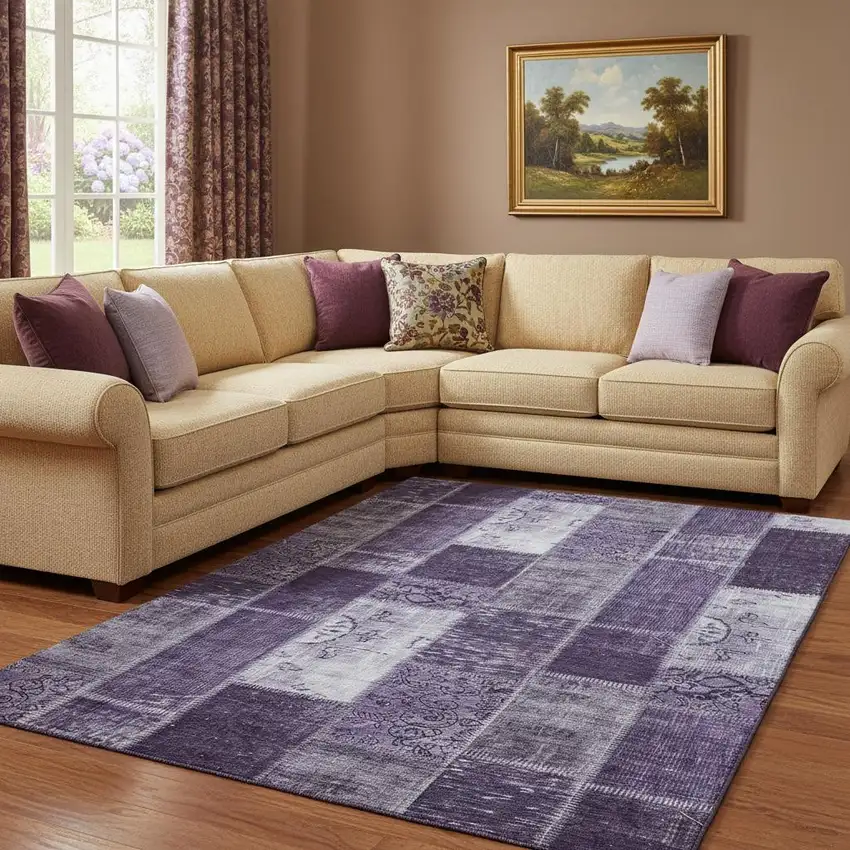 Purple And Ivory Patchwork Washable Area Rug With UV Protection Photo 1