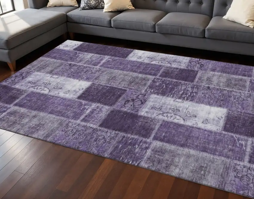 Purple And Ivory Patchwork Washable Area Rug With UV Protection Photo 2