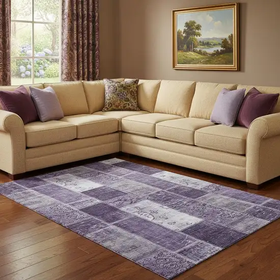 Purple And Ivory Patchwork Washable Area Rug With UV Protection Photo 1