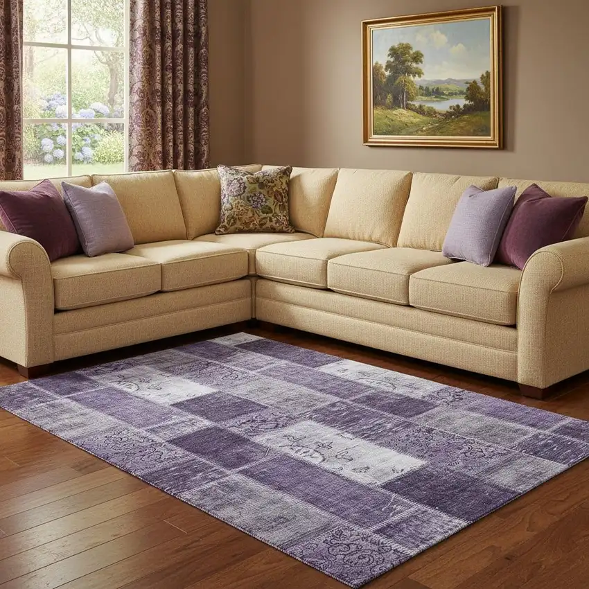 Purple And Ivory Patchwork Washable Area Rug With UV Protection Photo 1