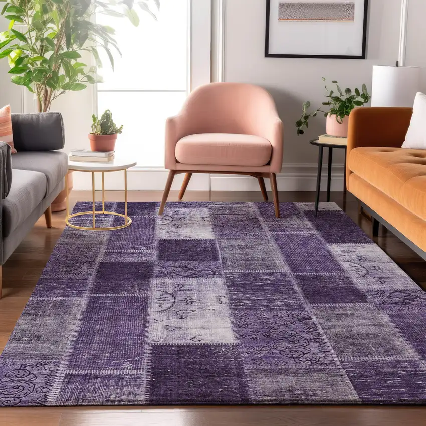 Purple And Ivory Patchwork Washable Area Rug With UV Protection Photo 5