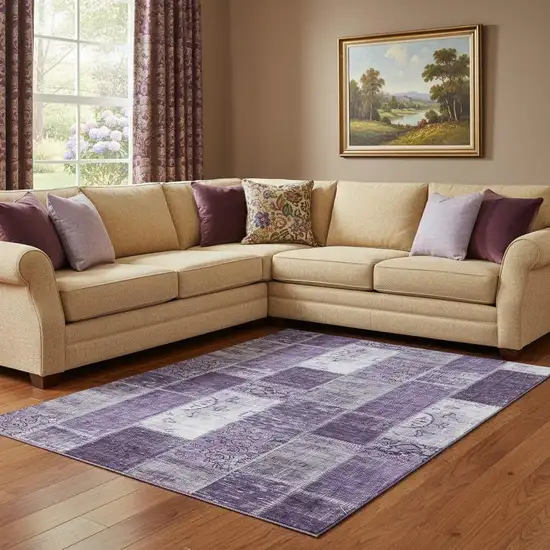 Purple And Ivory Patchwork Washable Area Rug With UV Protection Photo 1
