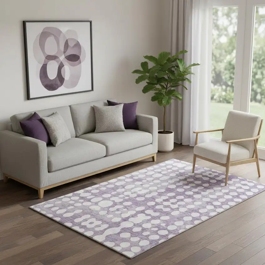 Purple And Ivory Polka Dot Washable Area Rug With UV Protection Photo 1