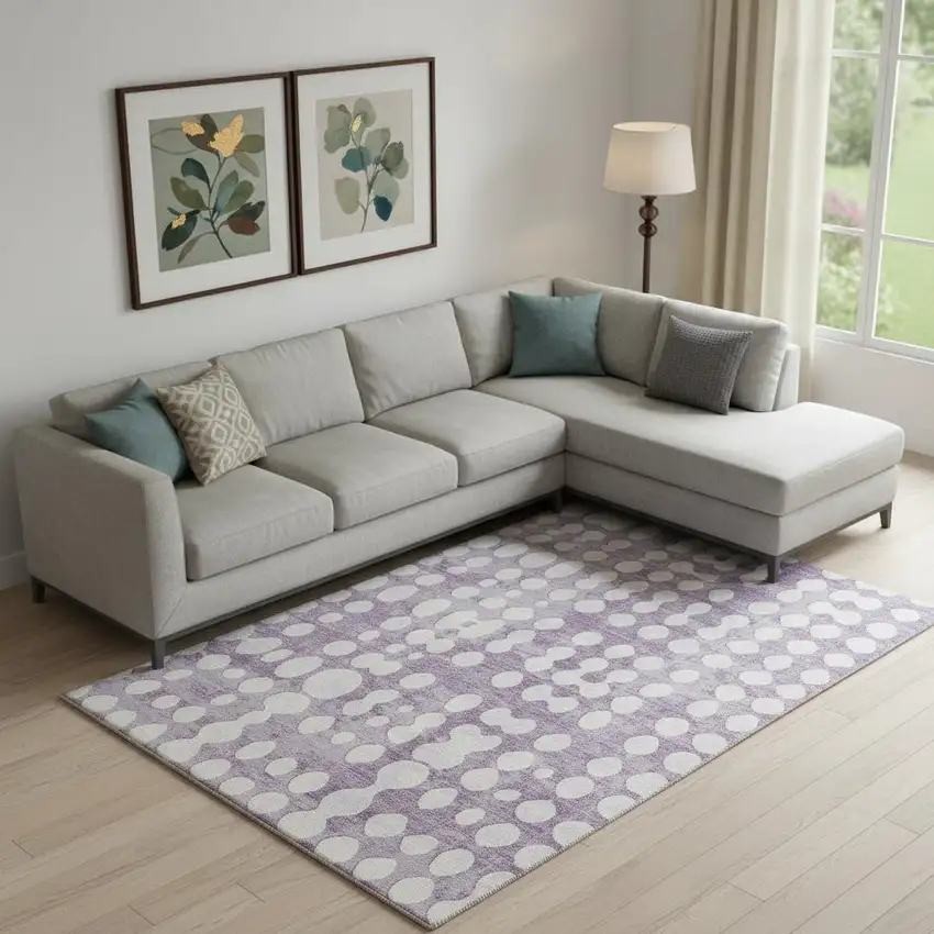 Purple And Ivory Polka Dot Washable Area Rug With UV Protection Photo 1