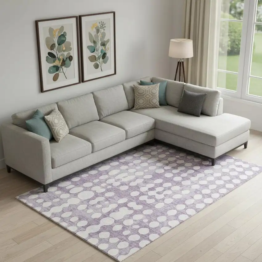 Purple And Ivory Polka Dot Washable Area Rug With UV Protection Photo 1