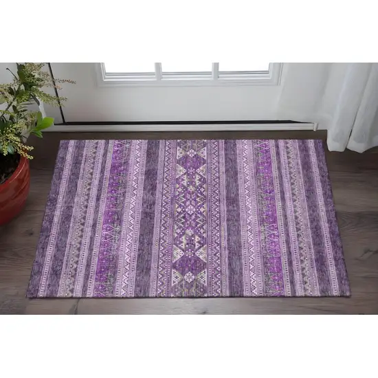 Purple And Ivory Southwestern Washable Area Rug With UV Protection Photo 2