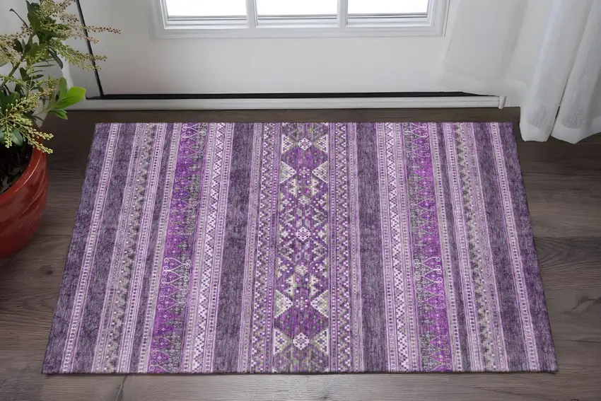 Purple And Ivory Southwestern Washable Area Rug With UV Protection Photo 2