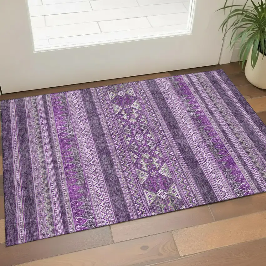 Purple And Ivory Southwestern Washable Area Rug With UV Protection Photo 1