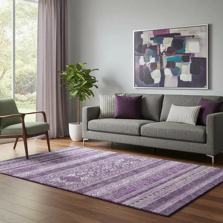 Purple And Ivory Southwestern Washable Area Rug With UV Protection Photo 1