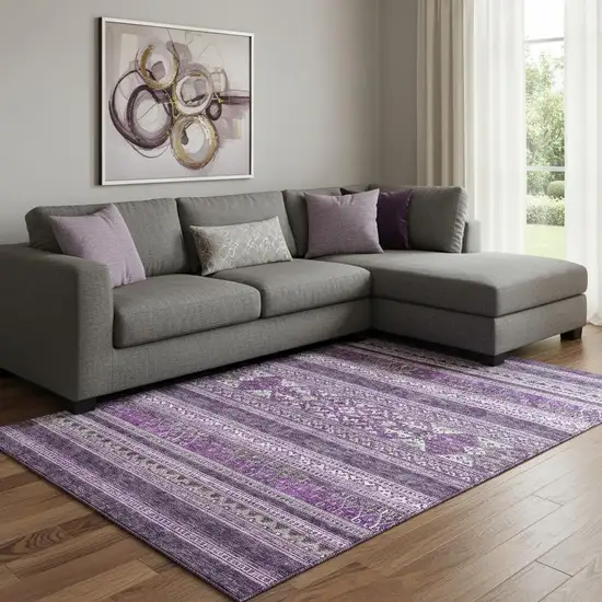 Purple And Ivory Southwestern Washable Area Rug With UV Protection Photo 1
