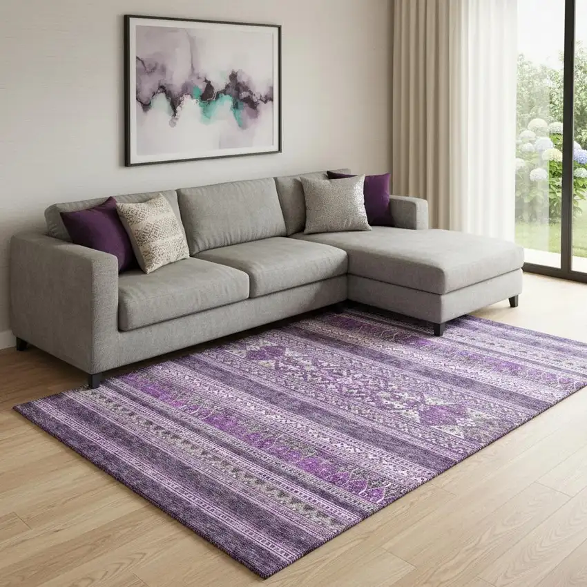 Purple And Ivory Southwestern Washable Area Rug With UV Protection Photo 1