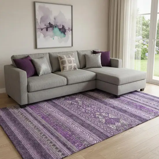 Purple And Ivory Southwestern Washable Area Rug With UV Protection Photo 1