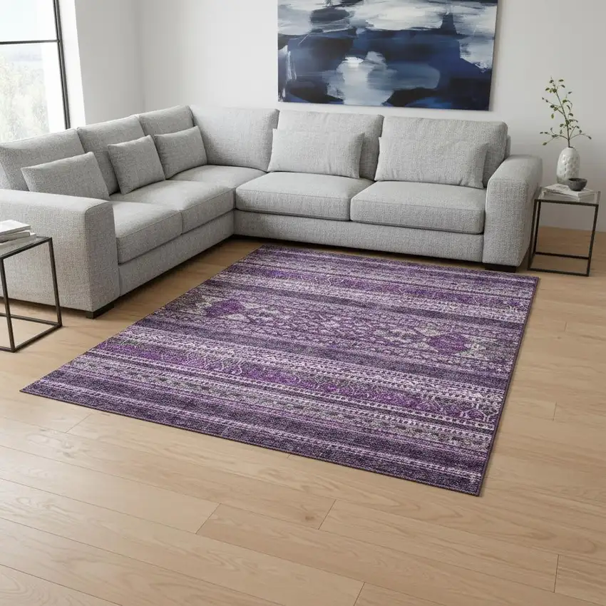 Purple And Ivory Southwestern Washable Area Rug With UV Protection Photo 1