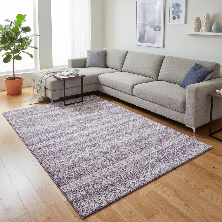 Purple And Ivory Southwestern Washable Area Rug With UV Protection Photo 2