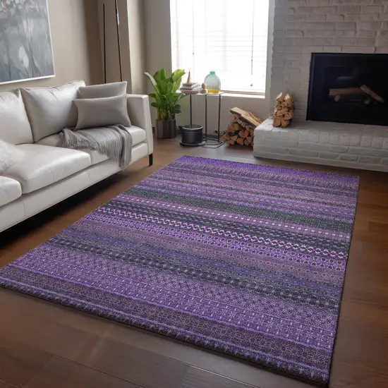 Purple And Ivory Striped Washable Area Rug With UV Protection Photo 5