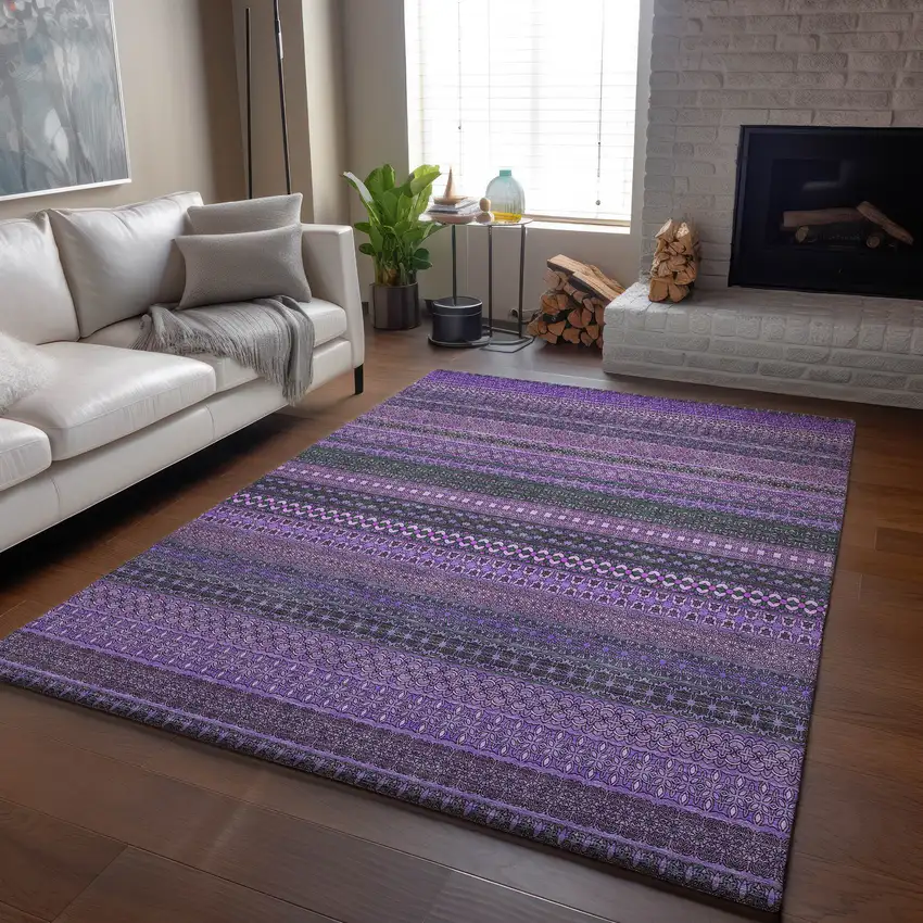 Purple And Ivory Striped Washable Area Rug With UV Protection Photo 5