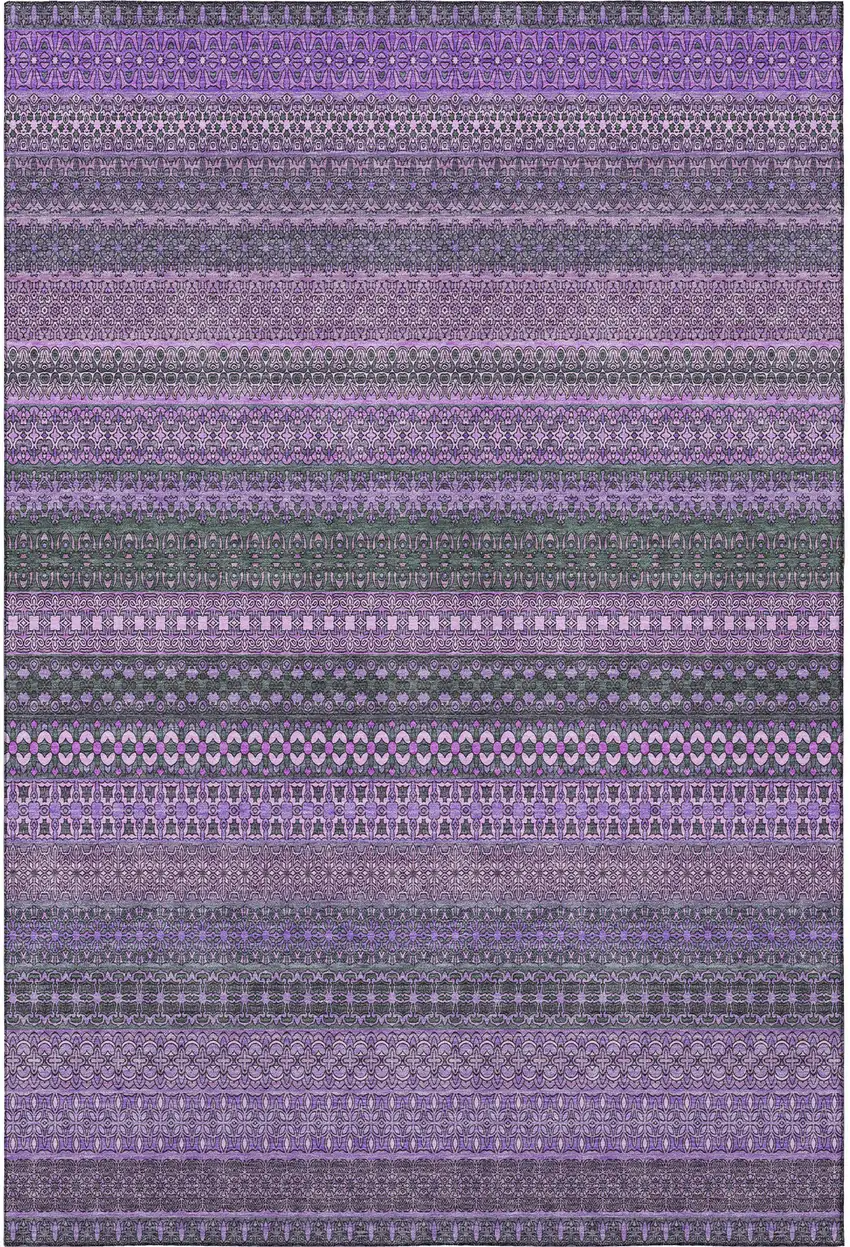 Purple And Ivory Striped Washable Area Rug With UV Protection Photo 1