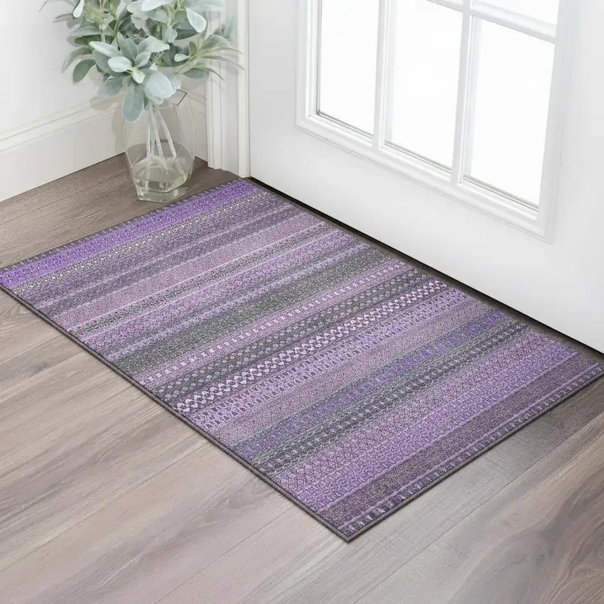 Purple And Ivory Striped Washable Area Rug With UV Protection Photo 2