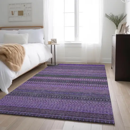 Purple And Ivory Striped Washable Area Rug With UV Protection Photo 5
