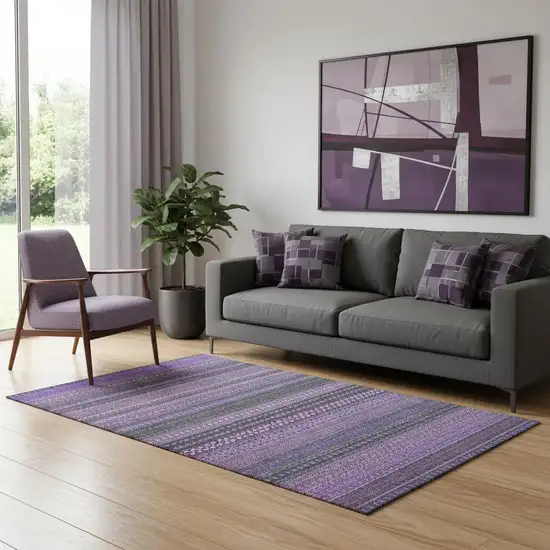 Purple And Ivory Striped Washable Area Rug With UV Protection Photo 1