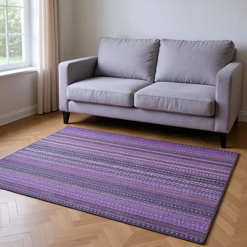 Purple And Ivory Striped Washable Area Rug With UV Protection Photo 2