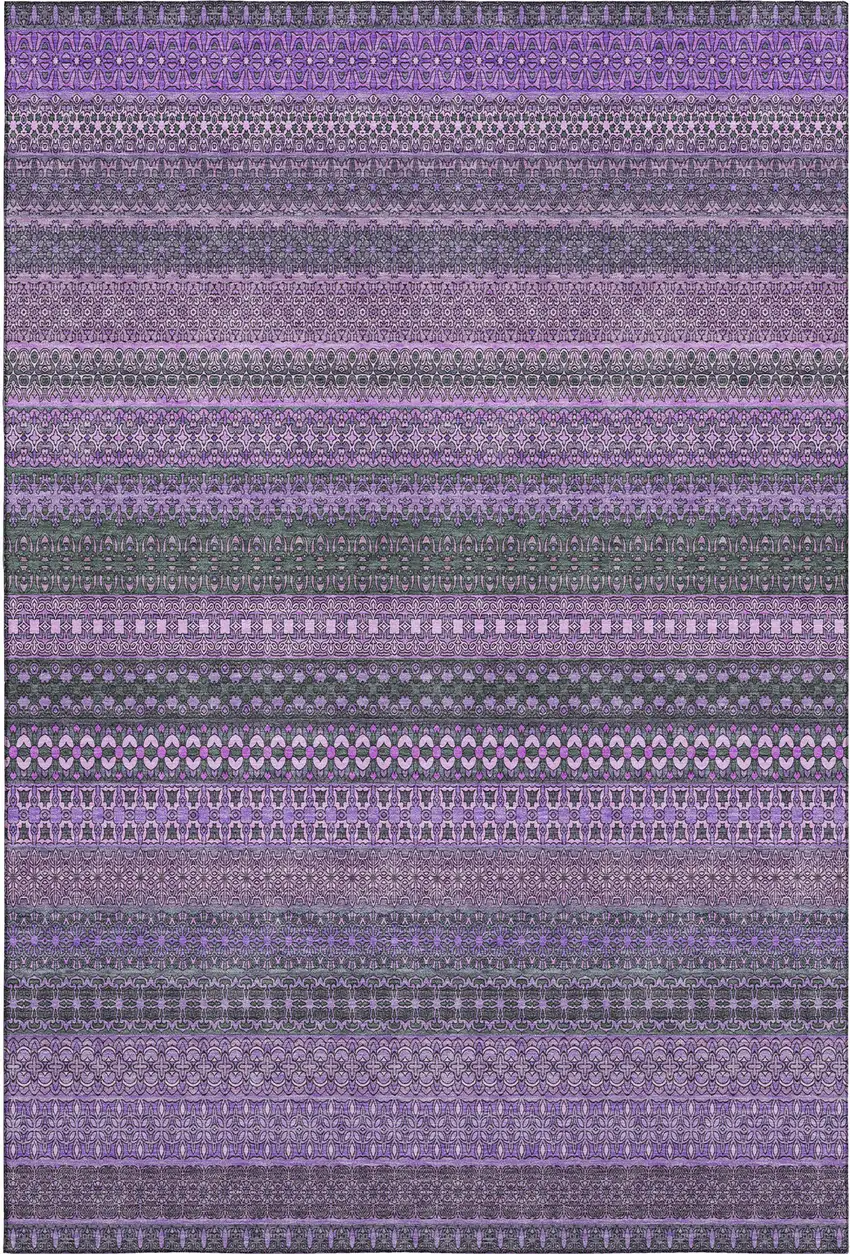 Purple And Ivory Striped Washable Area Rug With UV Protection Photo 1